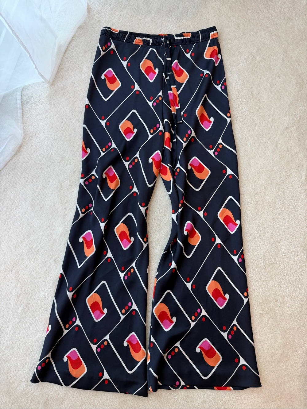BNWOT Zara Retro Geo Wide-Leg Lounge Pants Dark Blue with Pink & Orange Motif
